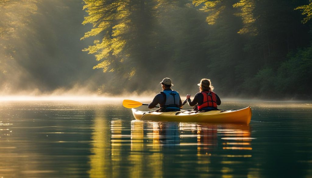 Exciting couple kayaking in a picturesque lake
